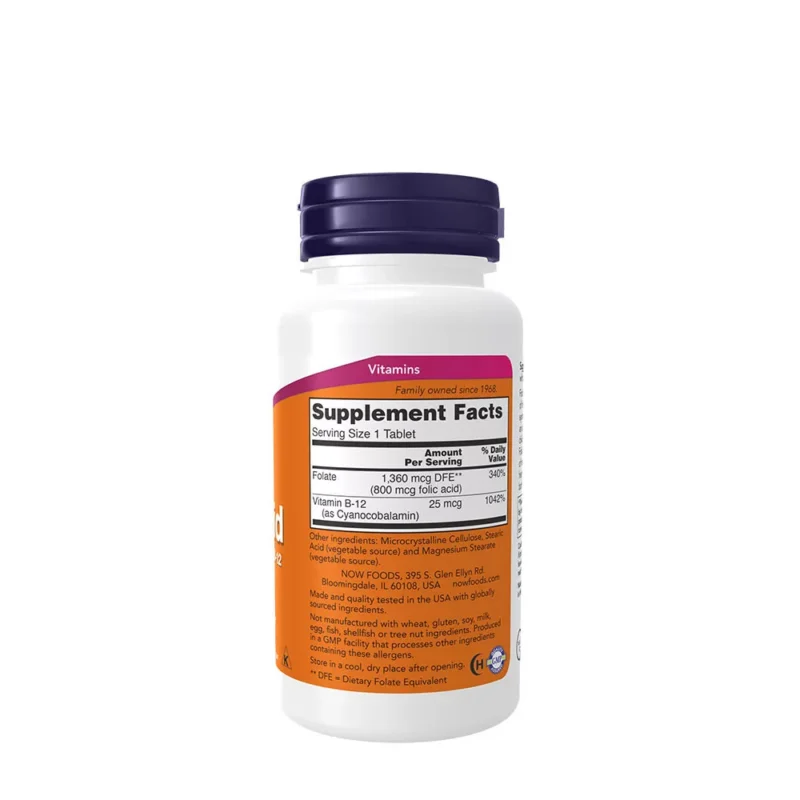 Now Foods Foolhape 800mcg + B-12 25mcg (250 tabletti) - Image 2